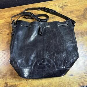 Sachs Leather‎ Shoulder Bag Womens Large Black Drawstring Bucket Hobo Purse
